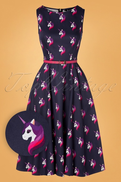 Lady V by Lady Vintage - 50s Hepburn Unicorn Swing Dress in Midnight Purple