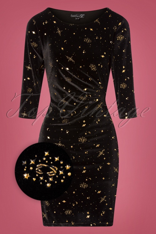 Smashed Lemon - 50s Susy Stars Velvet Pencil Dress in Black