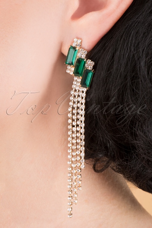 Louche - 50s Padon Long Crystal Earrings in Gold and Green