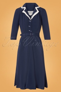 The Seamstress of Bloomsbury - Lisa Mae Dress Années 40 en Bleu Marine et Crème
