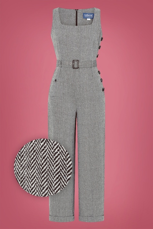 Collectif Clothing - Gertrude Jumpsuit mit Fischgrätenmuster in Schwarz und Weiß 2
