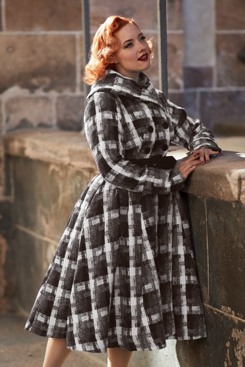 Miss Candyfloss - Limited Edition ~ 50s Teagan Olive Plaid Swing Coat in Black and Grey
