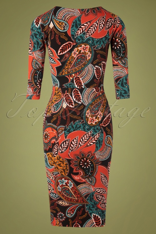 Topvintage Boutique Collection - Gigi Paisley Pencil Dress Années 70 en Brique 4