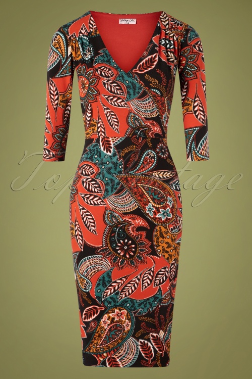 Topvintage Boutique Collection - Gigi Paisley Pencil Dress Années 70 en Brique