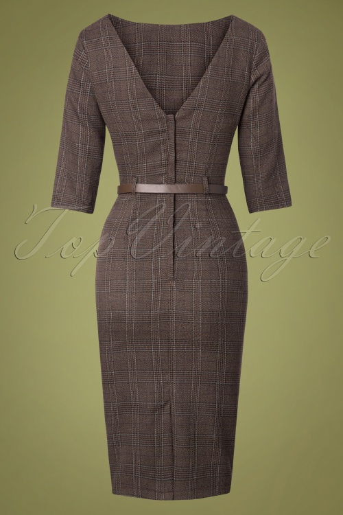 Collectif Clothing - Adeline Librarian Check Pencil Dress Années 50 en Marron 3