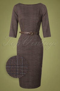 Collectif Clothing - Adeline Librarian Check Pencil Dress Années 50 en Marron 2