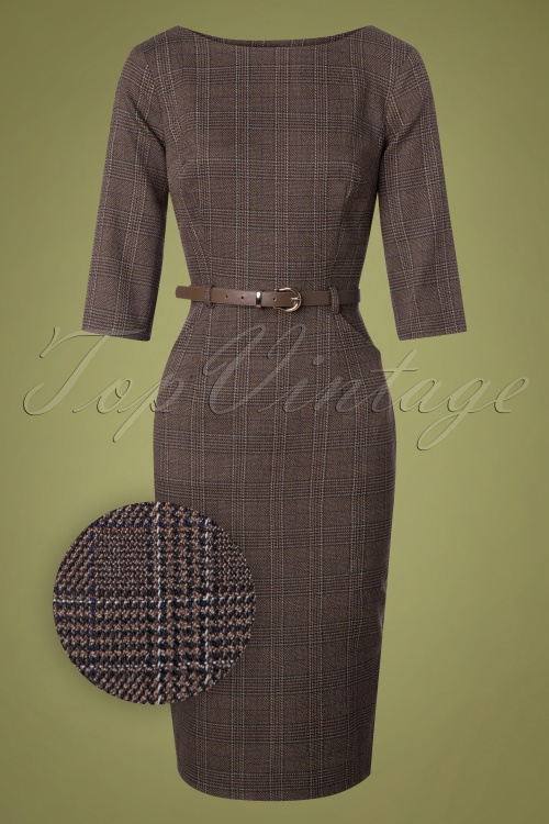 Collectif Clothing - Adeline Librarian Check Pencil Dress Années 50 en Marron 2