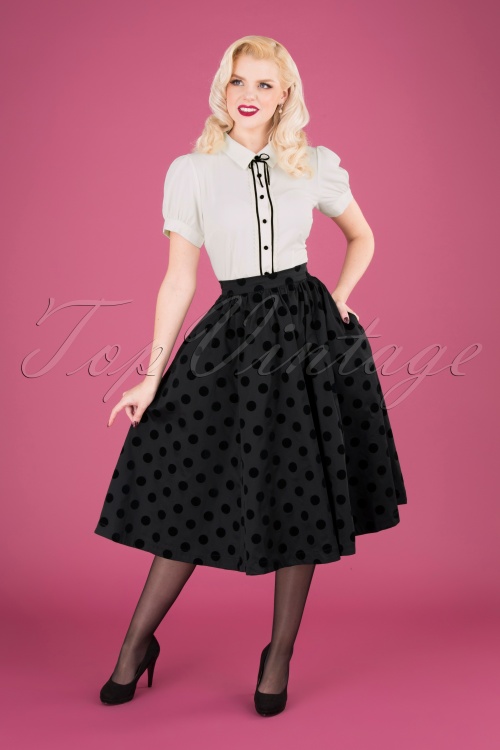 Hearts & Roses - 50s Polkadot Flocked Swing Skirt in Black
