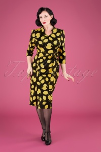 Hearts & Roses - 50s Zesty Lemon Wiggle Dress in Black