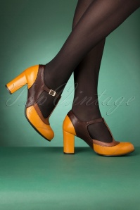 La Veintinueve - 60s Ada Leather T-Strap Pumps in Mustard and Brown 4