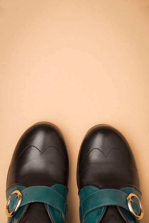 La Veintinueve - Agatha Leather Shoe Booties Années 40 en Noir et Vert Canard  3