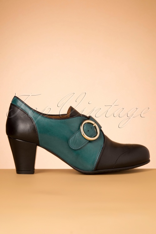 La Veintinueve - 40s Agatha Leather Shoe Booties in Black and Teal 2