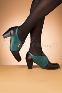La Veintinueve - Agatha Leather Shoe Booties Années 40 en Noir et Vert Canard  4