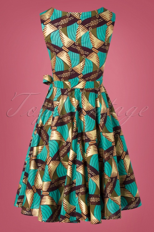 Victory Parade - TopVintage Exclusive ~ 50s Rosa Tanoshi Swing Dress in Turquoise and Gold 5