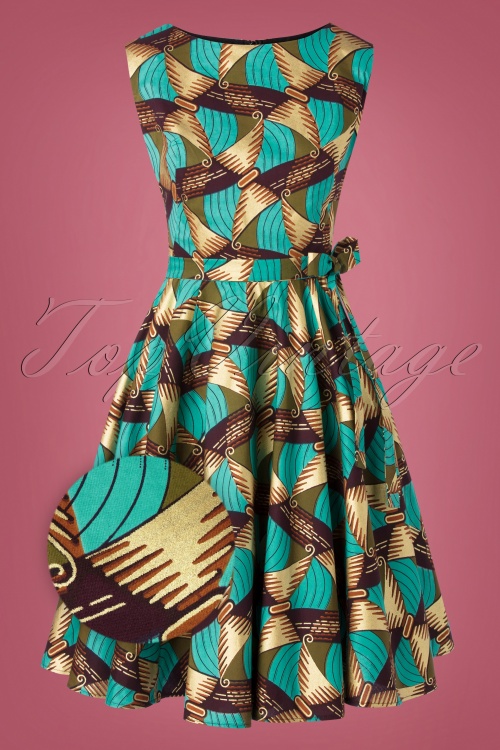 Victory Parade - TopVintage Exclusive ~ 50s Rosa Tanoshi Swing Dress in Turquoise and Gold