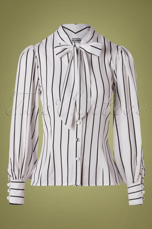Unique Vintage - 40s Gwen Striped Blouse in White and Black 2