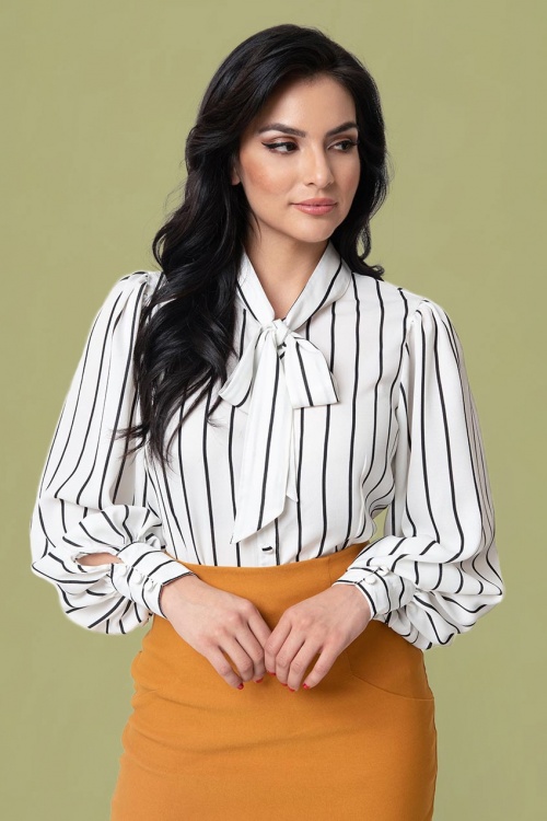 Unique Vintage - 40s Gwen Striped Blouse in White and Black