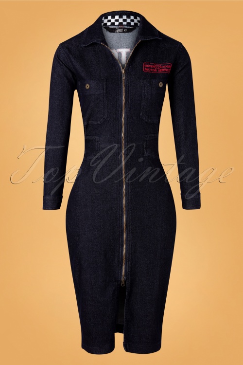 Queen Kerosin - 50s Workwear Dress in Denim Blue