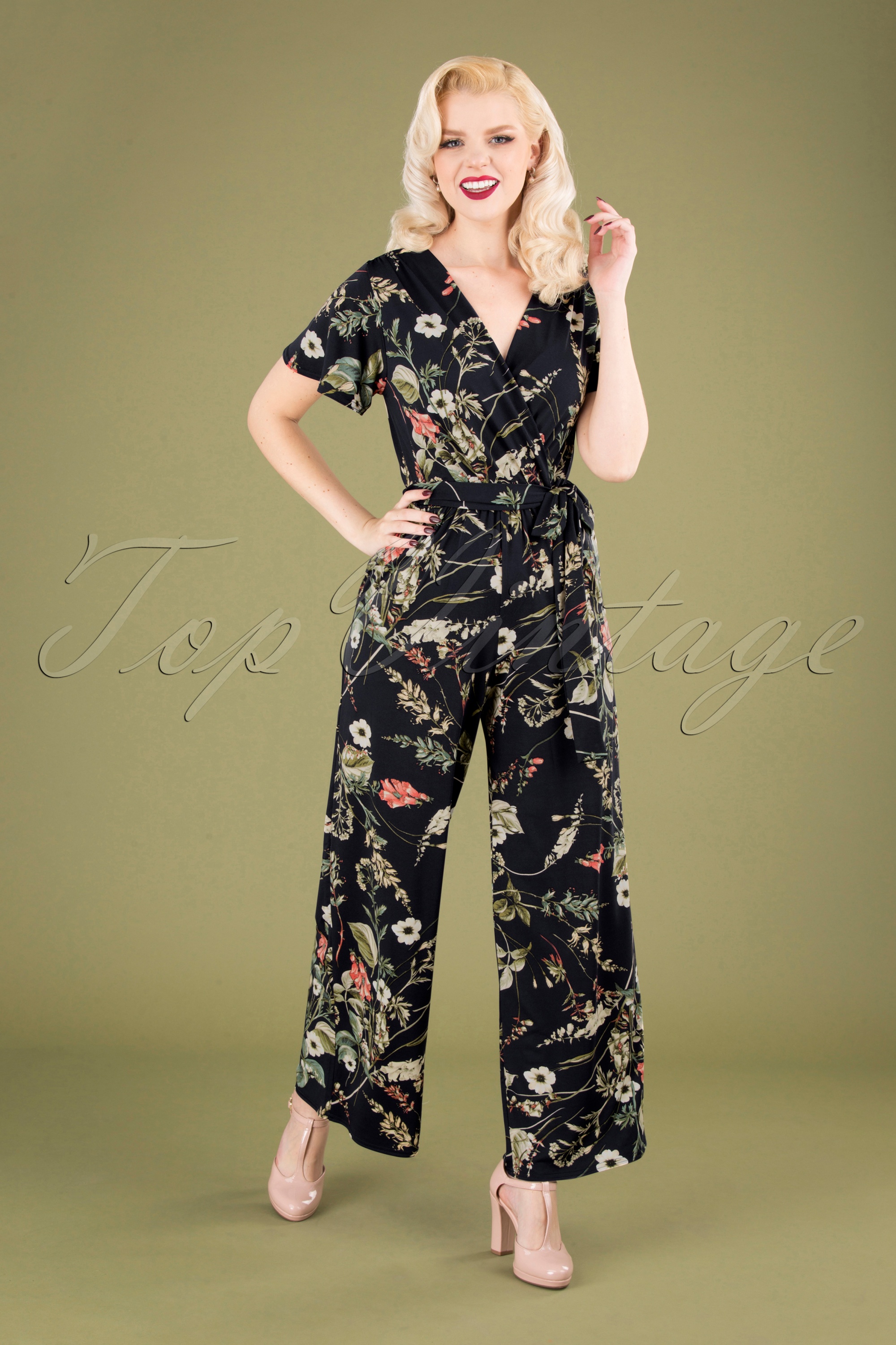 Vintage Chic for Topvintage - Quinty jumpsuit met bloemenprint in donker marineblauw