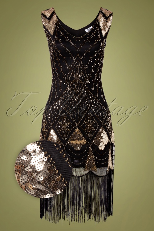 Unique Vintage - Lina Flapper-Kleid mit Fransen in Schwarz und Gold 2