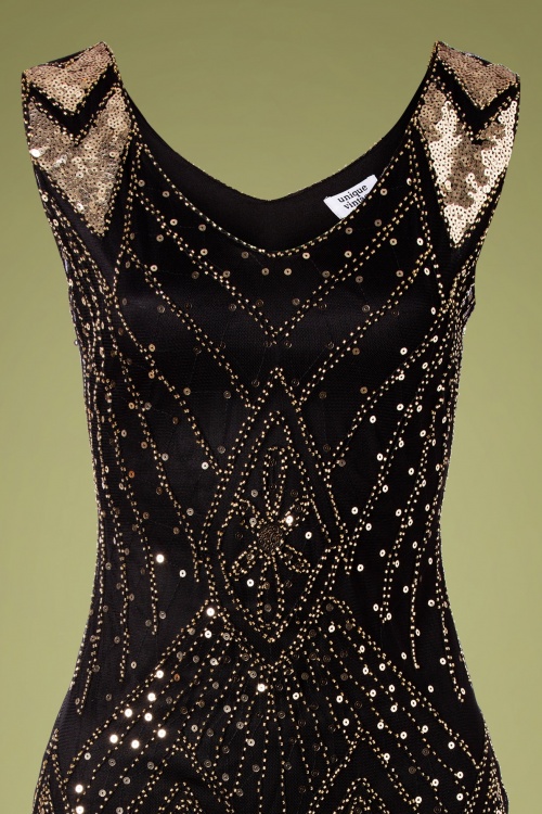 Unique Vintage - Lina Flapper-Kleid mit Fransen in Schwarz und Gold 3
