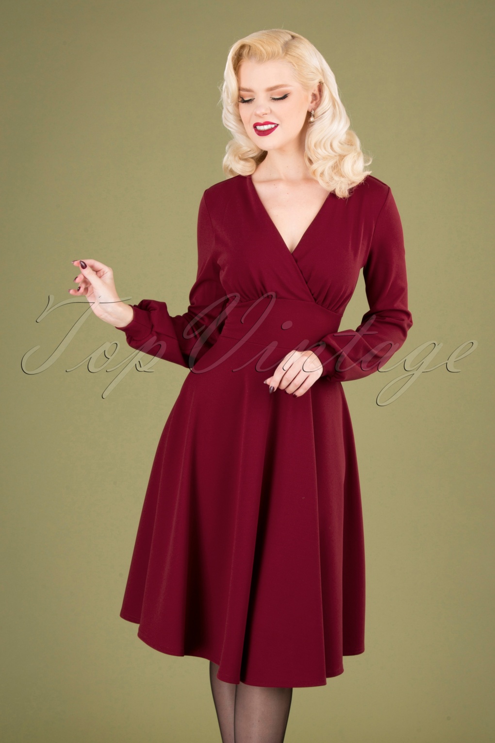 50s Workwear Swing Dress in Bordeaux TopVintage Damen Kleidung Kleider Retrokleider 