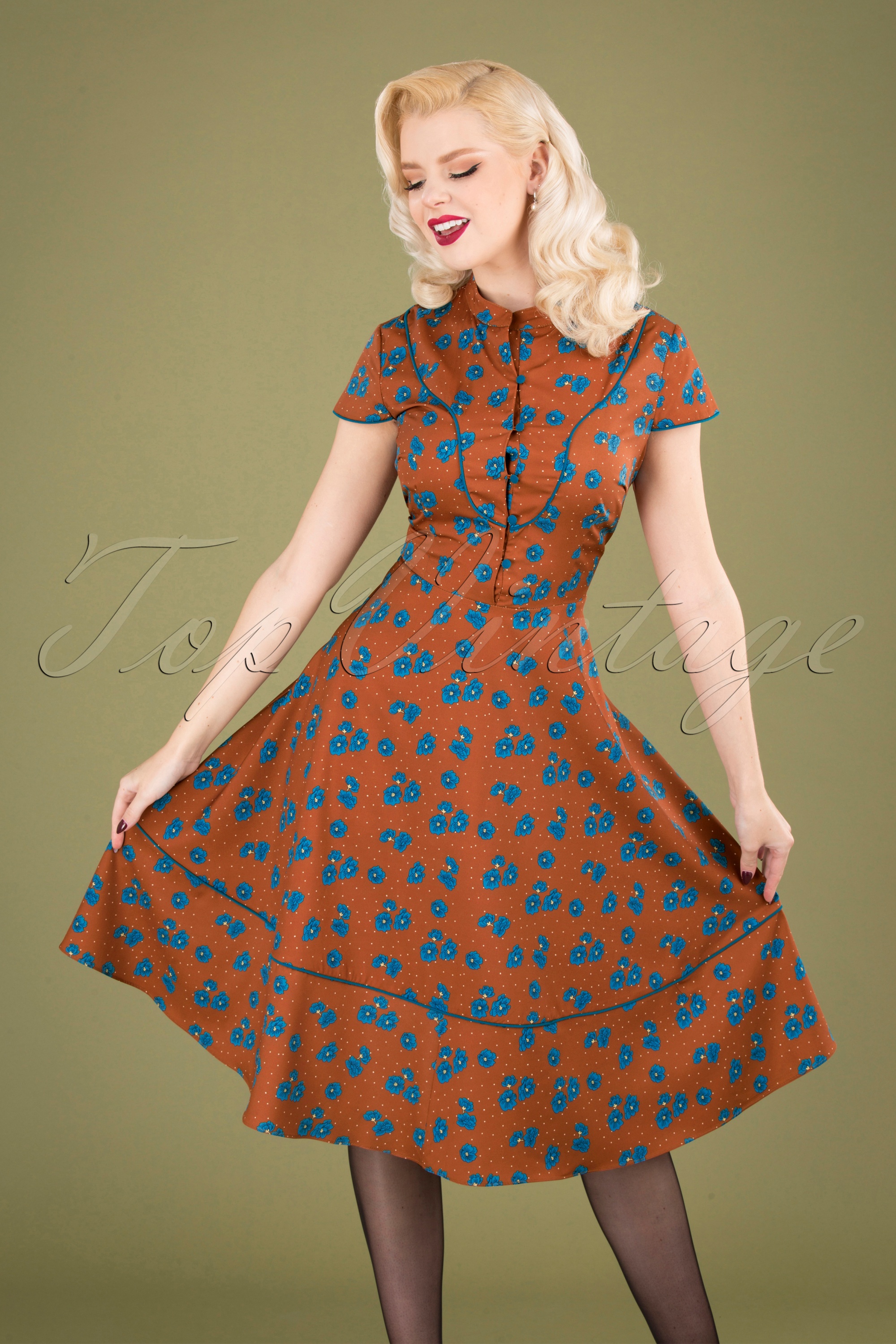 Vixen 50s Ada Button Down Swing Dress in Hazel Shop at Topvintage