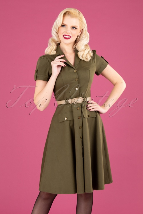Vixen - 40s Martha Button Down Flare Dress in Olive