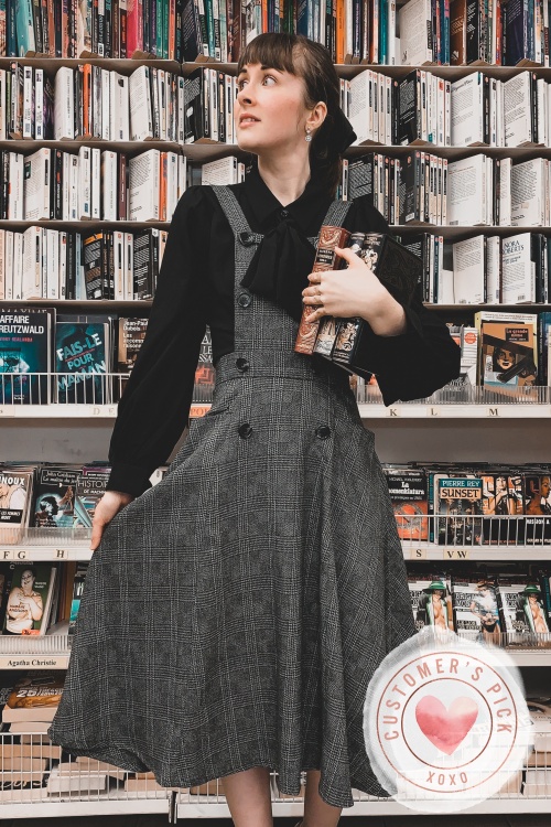 Collectif Clothing - 40s Brenda Librarian Check Pinafore Dress in Charcoal