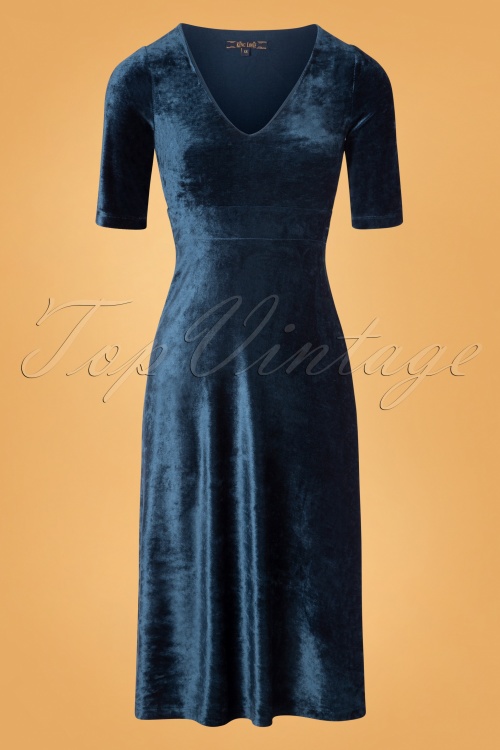 King Louie - Zita Shiny Velvet Midi Dress Années 70 en Bleu Automne 