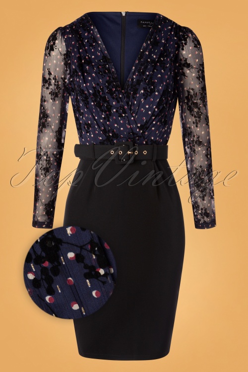 Paper Dolls - 60s Cosmos Belted Shirt Pencil Dress in Navy and Black