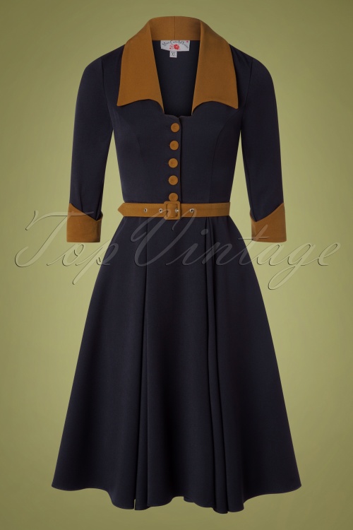 Miss Candyfloss - 50s Aroma Lee Swing Dress in Navy and Brown