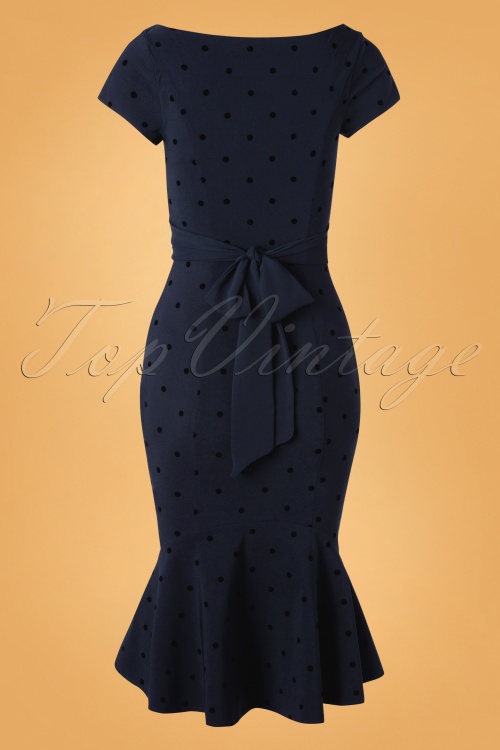 Collectif Clothing - Jamilia Mini Polka Flock Fishtail Pencil Dress Années 50 en Bleu Marine 3