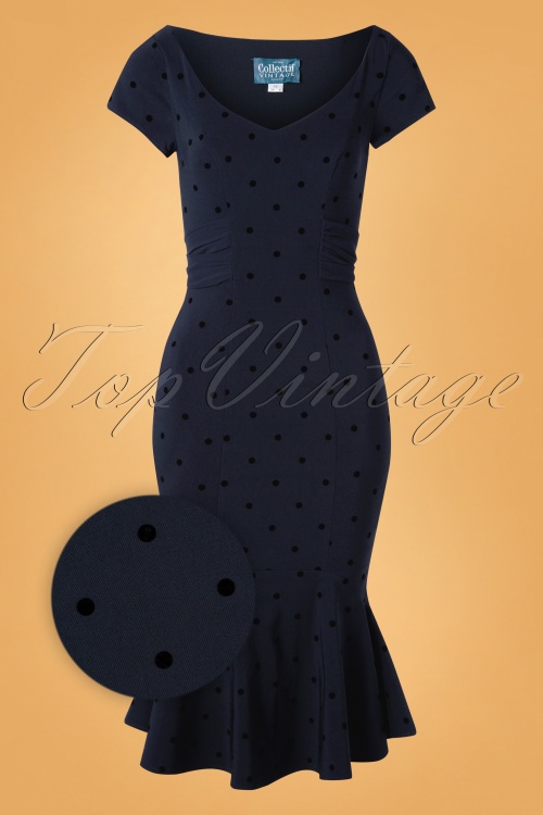 Collectif Clothing - 50s Jamilia Mini Polka Flock Fishtail Pencil Dress in Navy