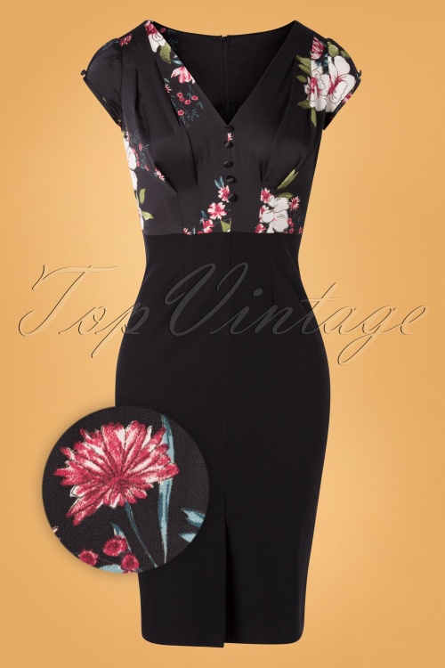 Stop Staring! - Skyla Floral Pencil Dress Années 50 en Noir 