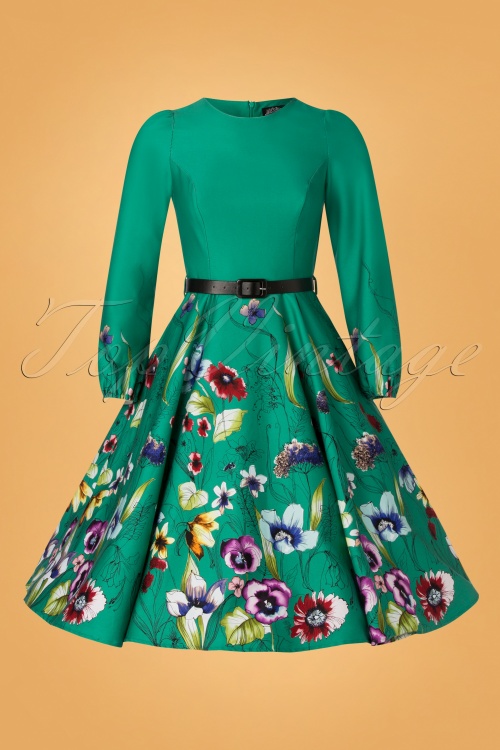 Hearts & Roses - 50s Milana Floral Swing Dress in Emerald Green 3