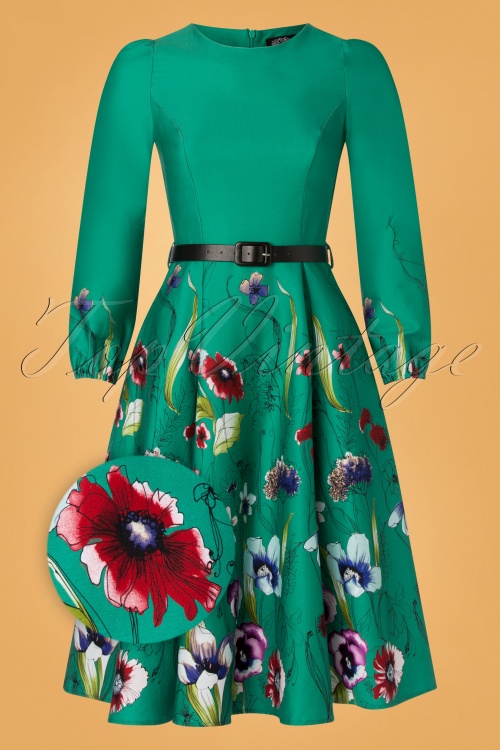 Hearts & Roses - Milana Floral Swing Dress Années 50 en Vert Èmeraude