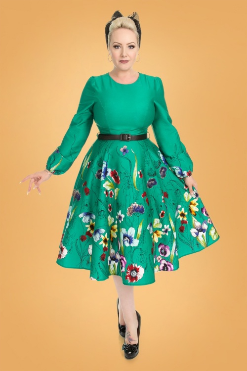 Hearts & Roses - 50s Milana Floral Swing Dress in Emerald Green 2