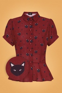 Collectif Clothing - 40s Mary Grace Polka Meow Blouse in Wine 2
