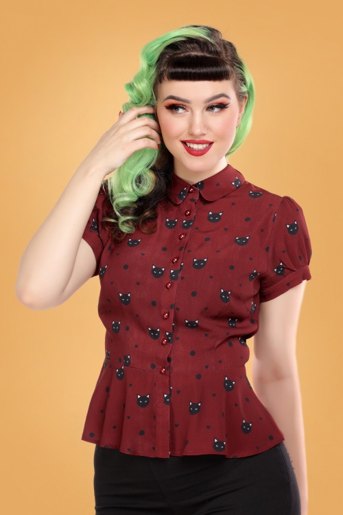 Collectif Clothing - Mary Grace Polka Miauw blouse in wijnrood
