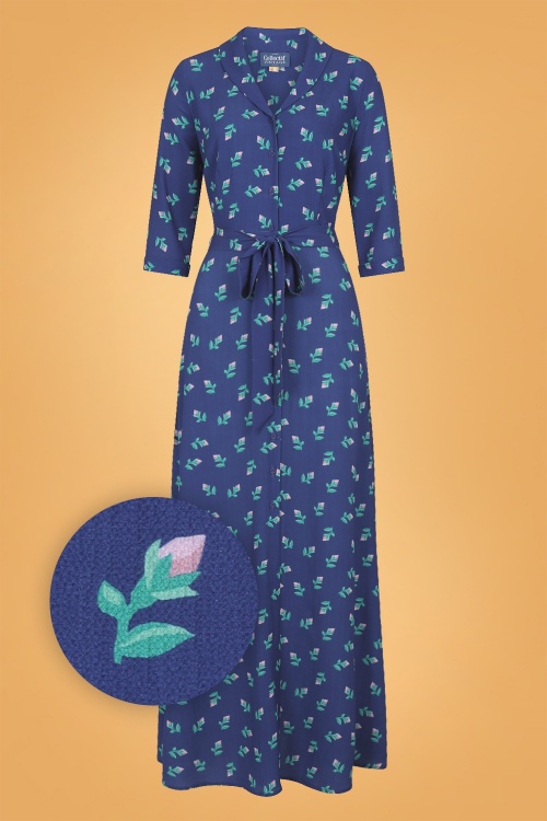 Collectif Clothing - Luisa Rose Bud Maxi Dress Années 40 en Bleu