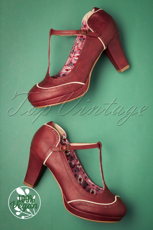 Bettie Page Shoes - Joan Pumps mit T-Strap in Burgund