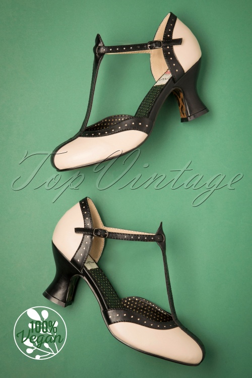 Bettie Page Shoes - 50s Lilyan T-Strap Pumps in Black and Cream 2