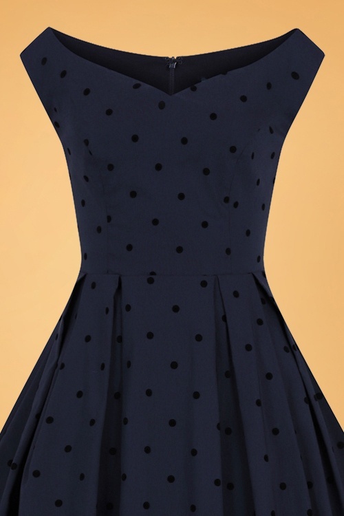 Collectif Clothing - Princess Liz Polka Flock Swing Dress Années 50 en Bleu Marine 3