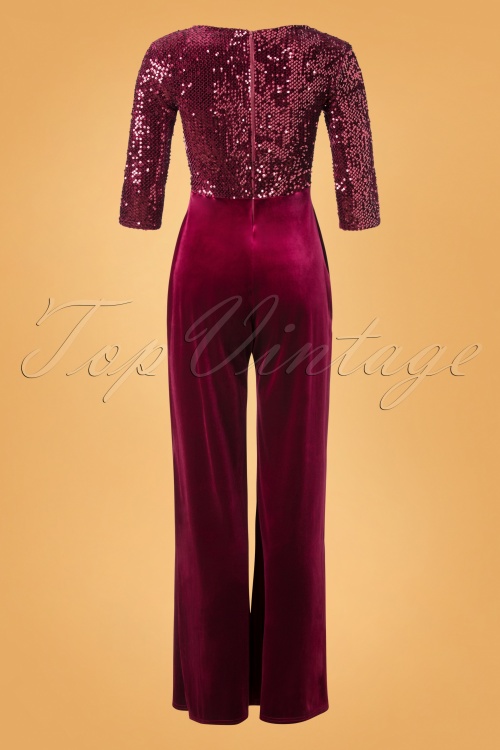Vintage Chic for Topvintage - Sigourney fluwelen jumpsuit met pailletten in wijnrood 2