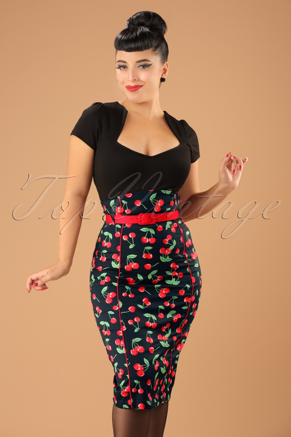 50s Cherry Pop Pencil Skirt In Black