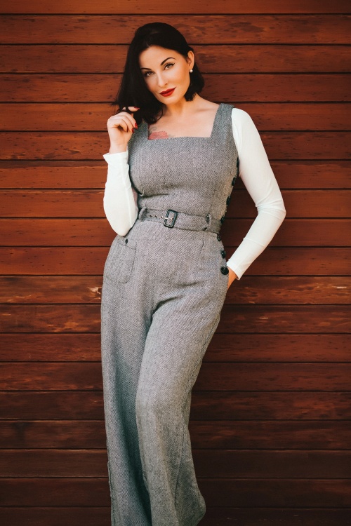 Collectif Clothing - 40s Gertrude Herringbone Jumpsuit in Black and White