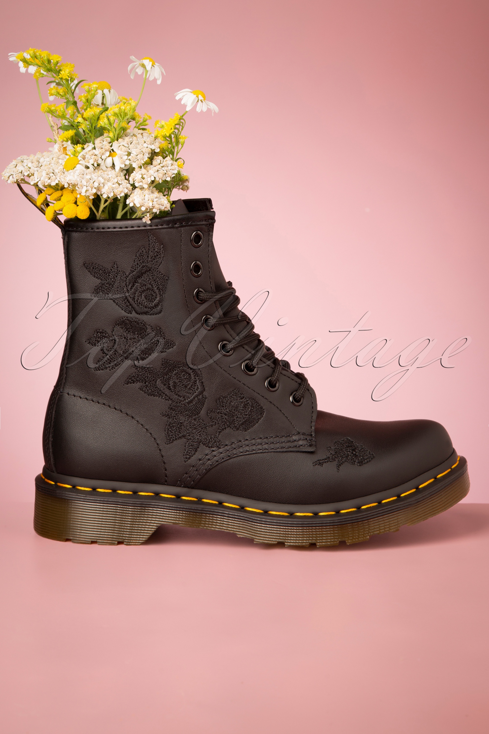 Black fashion doc martens with flowers