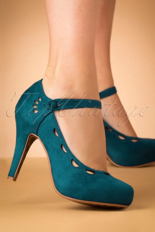 Bettie Page Shoes - Yvette Suedine Mary Jane Pumps Années 50 en Bleu