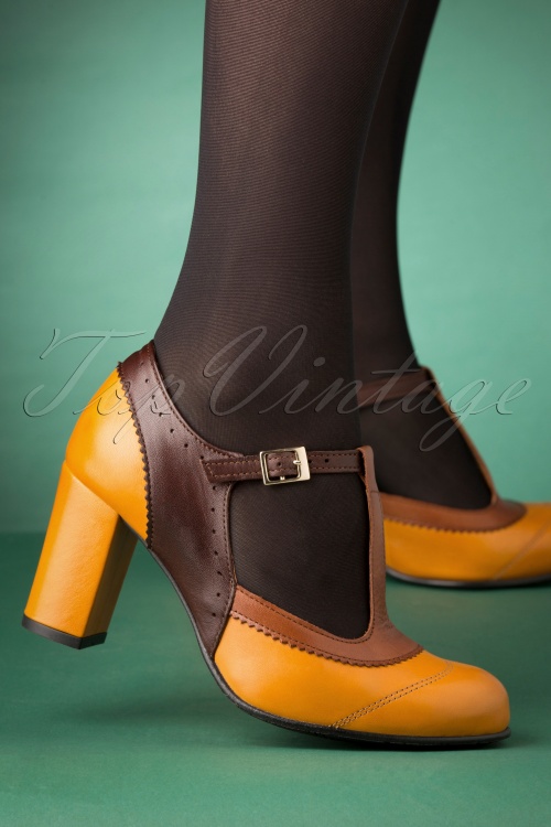 La Veintinueve - 60s Ada Leather T-Strap Pumps in Mustard and Brown 2